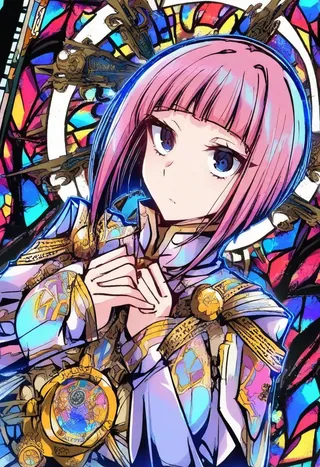 Close-up graffiti style illustration of a pink-haired fantasy knight girl with blue eyes, detailed steampunk armor, praying in front of a colorful stained glass background.