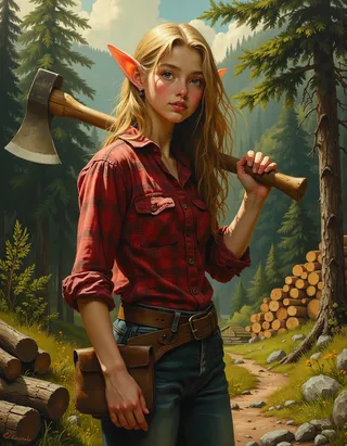 A muscular tween elf girl lumberjack with long blond hair and pointed ears wearing a red plaid shirt and jeans, holding an axe over her shoulder, standing in a sunlit forest near stacked logs.