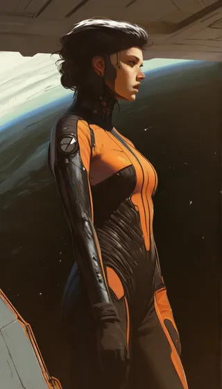 Digital illustration of a female astronaut in an orange and black combat suit standing in front of metallic alien world architecture with a backdrop of space and distant stars.