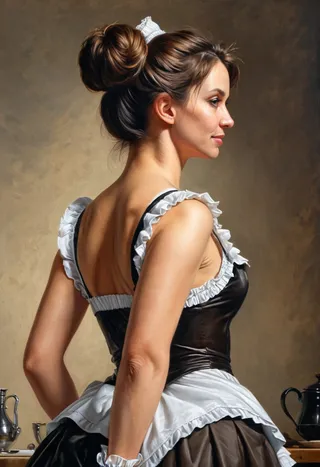 Back view of a mature woman in a French maid outfit with brown hair in a bun, smirking and turning her head towards the viewer inside a cosy kitchen.