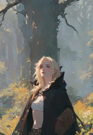 Blonde-haired fantasy woman wearing a black cloak and tube top, standing in a sunlit forest background with a shoulder bag.