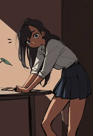 A sketch-style drawing of a girl with dark hair leaning forward on a table, wearing a white shirt and a pleated navy skirt in an aesthetic setting.