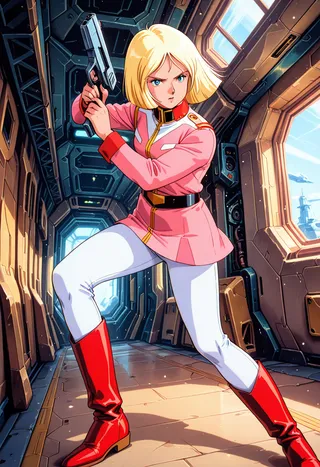 An anime-style blonde girl wearing a pink military uniform and red boots is in a dynamic fighting stance, aiming a gun inside a high-tech spacecraft corridor with vivid lighting and retro futuristic details.