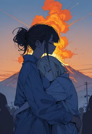 Silhouette of two girls hugging each other in front of a large erupting volcano with orange smoke at sunset, rendered in anime style.