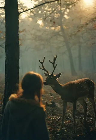 Portrait of a woman and a deer facing each other in a dark autumn forest with mystic golden hour lighting and thick fog creating a moody atmosphere.