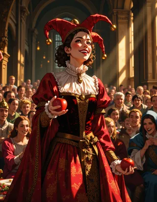 A noblewoman dressed in a red and gold jester outfit with a velvet doublet and jingling bells, juggling apples and grinning mischievously in a medieval royal court filled with laughing nobles and servants.