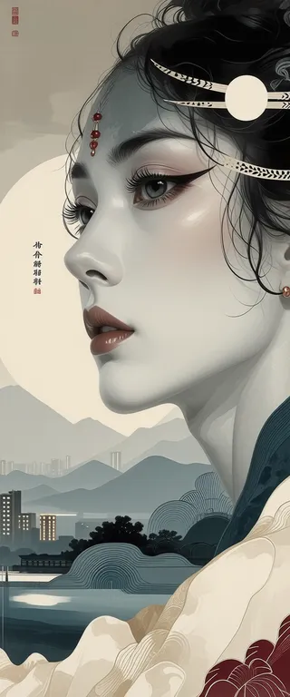 Side profile of an abstract beautiful woman with delicate makeup and traditional hair ornaments, set against a night cityscape with mountains and a large moon.