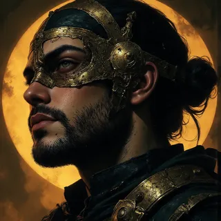 Profile portrait of a bearded man wearing a detailed golden mask and medieval armor with a golden halo in the background.