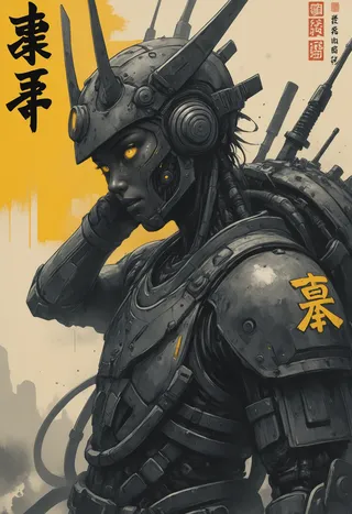 Close-up digital watercolor illustration of a cyber samurai wearing biomech armor with yellow glowing eyes, black and white tones, and yellow Asian letters in the background.