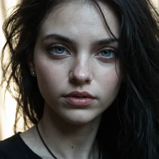 Closeup portrait of a pale gothic girl with blue eyes and dark hair illuminated by dramatic lighting
