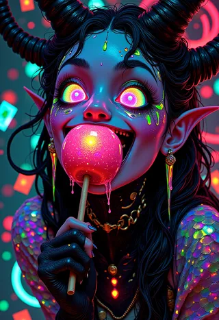 A mischievous trickster demon girl with spiraling horns and iridescent scales biting into a glowing candy apple, surrounded by neon lights and floating tarot cards.