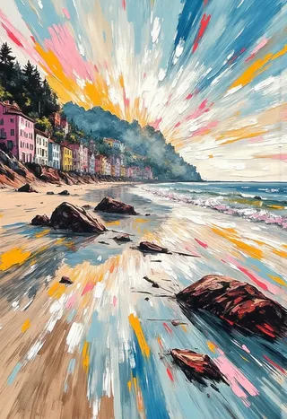 Colorful seaside town on tiered cliffs viewed from a rocky beach with tide pools and reflective sand under a vibrant sky with sunlight breaking through clouds.