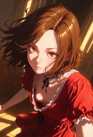 A highly detailed semi-realistic digital portrait of a girl with brown eyes and freckles, wearing a red lace off-shoulder dress, posed dynamically with warm volumetric lighting.