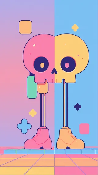 Flat vector illustration of a symmetrical skull with two distinct colors, pink and yellow, standing on a colorful tiled floor with geometric shapes and complementary colors background.