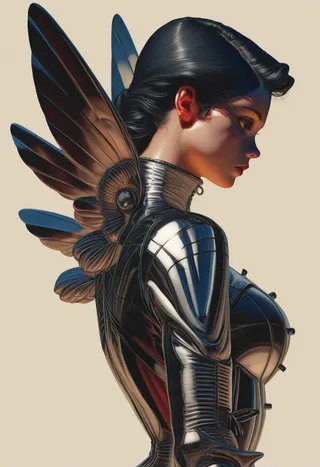 Hyper-realistic digital portrait of a woman in futuristic black and white urban oversized clothing with chrome mechanical wings fully extended, set against a minimalistic background.
