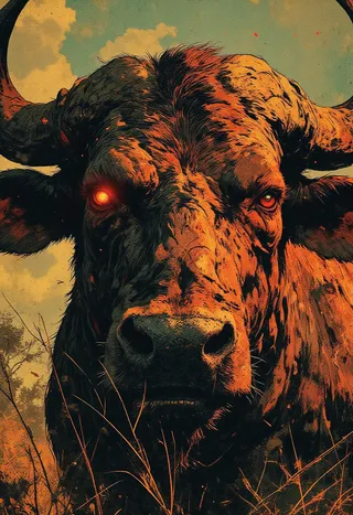 Extreme close-up of a massive bull with piercing crimson-red glowing eyes, thick weathered hide, and large curved horns, standing powerfully amidst savanna vegetation under golden light.