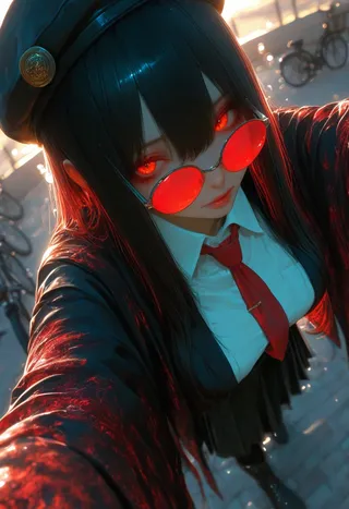 Girl with vermilion eyes and black hair wearing red tinted sunglasses, carbon fiber black beret and haori, standing at an urban riverside with bicycles in the background in morning light.