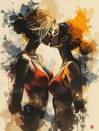 Ink poster silhouette art of two oriental women in red and orange crop tops sharing a tender kiss, with bold sepia and umber brush strokes on textured rice paper.