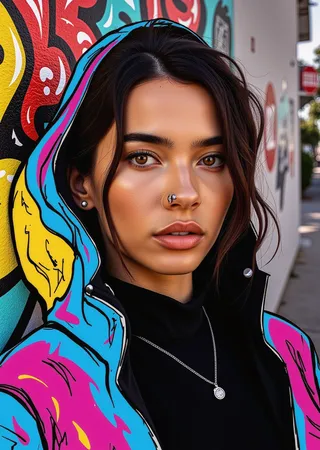 Digital portrait of a young woman with piercings and messy hair wearing a colorful hooded jacket against a graffiti-covered urban wall.