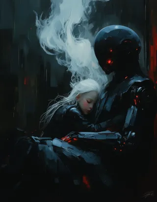 Hyper-realistic painting of an android girl with ethereal white skin and long white hair sleeping peacefully in a glowing cocoon, held by a large dark robotic figure with glowing red accents, set in a dark cyberpunk environment with dramatic Rembrandt style lighting.