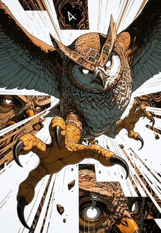 Detailed ink style illustration of an owl with white eyes, open talons, and wings spread, featuring aztec patterns on its head and neck, surrounded by motion lines and fragmented square views.