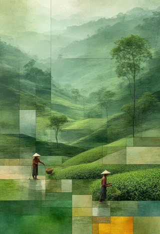 A serene Indian tea plantation depicted in a Cubist stained-glass style, showing workers harvesting tea leaves amidst lush rolling green hills under gentle sunlight.