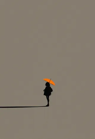 Minimalist silhouette of a girl holding an orange umbrella casting a long shadow, set against a flat, grey background with high contrast and bold outlines.