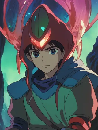 Anime-style boy character Ashitaka wearing a red crystal helmet, with a blue and green outfit, set against a vibrant, glowing, digital otherworld background.