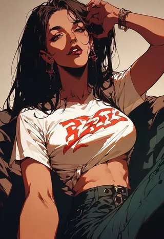 Illustration artistique stylisée d'une femme mûre prenant un selfie, portant une chemise crop-top blanche avec texte rouge et un pantalon taille haute foncé, posant de manière décontractée avec de longs cheveux foncés et des boucles d'oreilles.