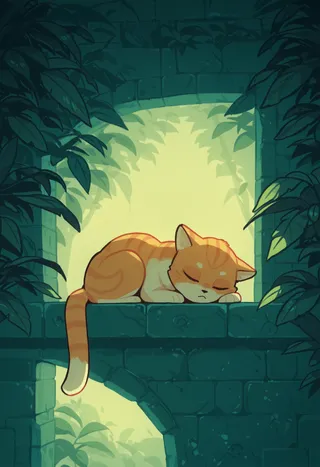 An orange and white cat peacefully sleeping on a stone wall surrounded by lush green leaves in a serene natural setting.