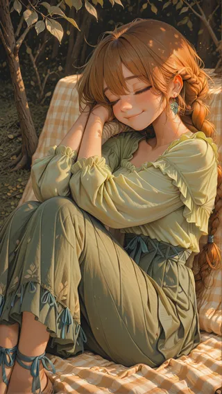 A girl with auburn braided hair resting on a checkered picnic blanket under dappled sunlight, wearing a soft green blouse and wrap skirt, eyes closed and smiling serenely.
