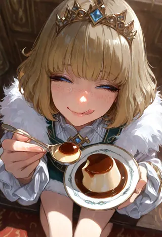 Portrait of a cute femboy with short wavy bob-cut brown-blonde hair, freckles, and blue eyes, wearing a golden tiara and casual clothes, holding a plate with pudding topped with caramel sauce and smiling with eyes closed.