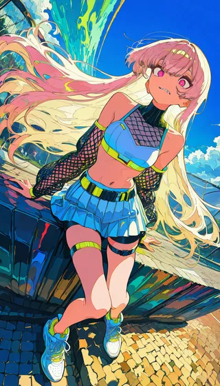 Vibrant anime girl with long blonde and pink hair wearing a white crop top with fishnet sleeves and a pleated tennis skirt, captured in dynamic fisheye angle with detailed facial expression.