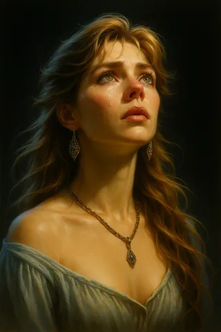 A realistic fantasy portrait of a woman with honey-blonde hair and emerald eyes, looking upward with a tear on her cheek, wearing silver earrings and a necklace.