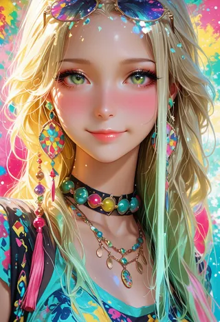 Photorealistic close-up portrait of a woman with long blonde hair, green eyes, colorful earrings, and necklace against a vibrant, multi-colored background.