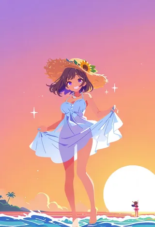 Vector illustration of a summer girl wearing a flowing sundress and sunflower crown, standing barefoot on the beach at sunset with sparkling ocean waves and tropical breeze.