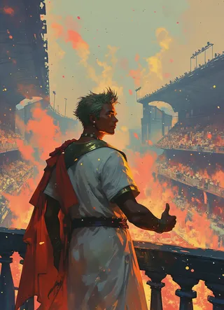 A young Roman emperor stands on a grand balcony overlooking a fiery arena, bathed in cinematic lighting, wearing a white toga with a red sash and giving a thumbs-up.