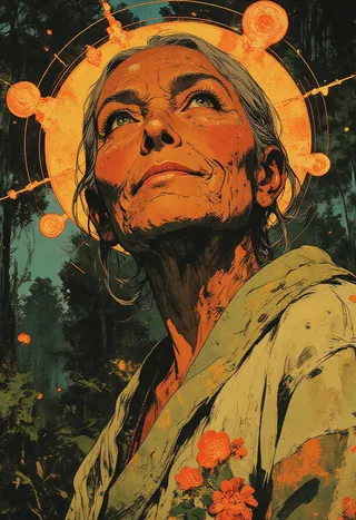 Close-up portrait of an elderly woman with warm bronze skin and silver hair, a gentle smile and deep green eyes, glowing mandala halo behind her head, set in a blurred forest with golden hour light.