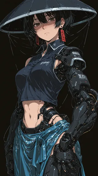 Anime-style cyborg girl wearing a dark blue sleeveless cropped shirt and a blue sarong, with mechanical arms and robotic limbs, sporting a traditional blue jingasa hat and hanafuda earrings.