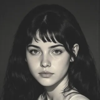 Monochrome portrait of a young woman with long black hair and bangs, displaying a melancholic and thoughtful expression.