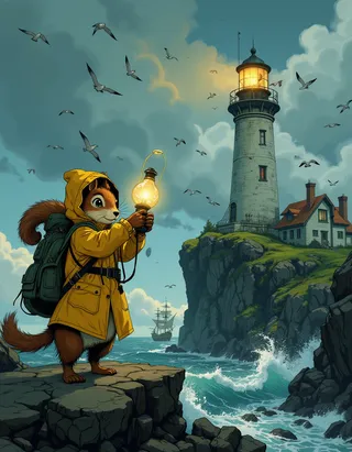 A squirrel wearing a bright yellow raincoat holds a glowing oil lamp on a rocky coast near a tall lighthouse, with seagulls flying and a ship in the distance.