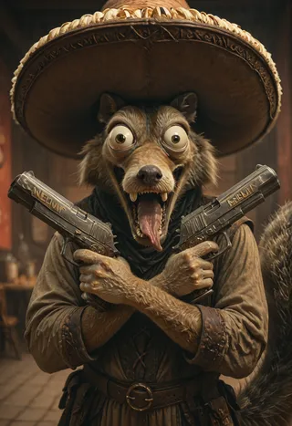 Photorealistic depiction of Scrat wearing a large sombrero, holding dual pistols in an X pistol pose with bulging eyes and tongue out in a Mexican restaurant setting.