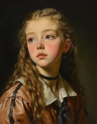 High-quality oil portrait of a young girl with blond hair and blue eyes, painted in a Rembrandt style with warm light and gothic overtones.