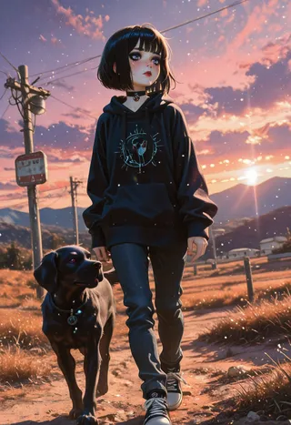 A young doomer girl with short black bob hair and black hoodie walks a black dog on a dirt road during a colorful sunset with orange and purple clouds in a suburban Eastern European setting.