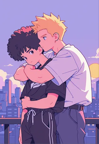 Flat vector illustration of 2 boys hugging from behind with cityscape background, featuring one boy with huge afro hair and the other with short blonde spiked hair.