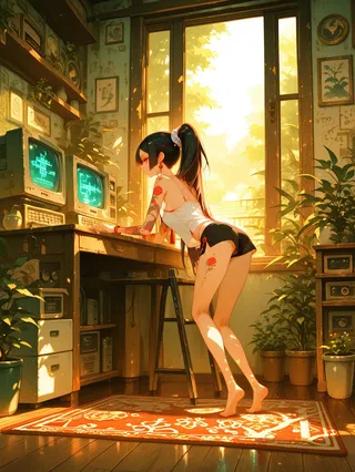 Tattooed girl with long black hair leans on a wooden desk in a sunlit cozy room filled with plants, using retro vintage computers displaying pixelated green graphics.
