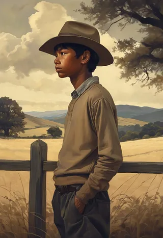 Portrait of a boy wearing a wide-brim hat and knit sweater standing by a wooden fence overlooking an open field under an overcast sky, rendered in digital dry brush and charcoal texture style.