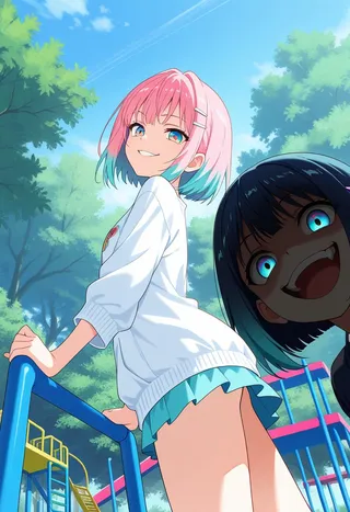 Two anime girls in a playground with lush green trees and blue sky. One girl with pink and aqua bob cut hair, gradient multicolored eyes, white sweater, and teal skirt smiling confidently while leaning on playground equipment. The other girl with dark hair, glowing blue eyes, and an evil smile is partially shadowed, close to the camera.