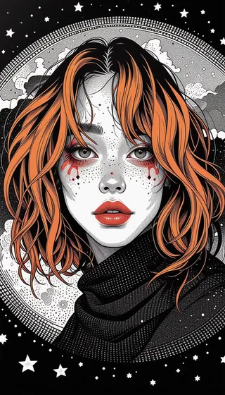 Abstract illustration of a woman with striking red hair and freckles, wearing dark clothing, set against a detailed night sky with stars and celestial patterns.