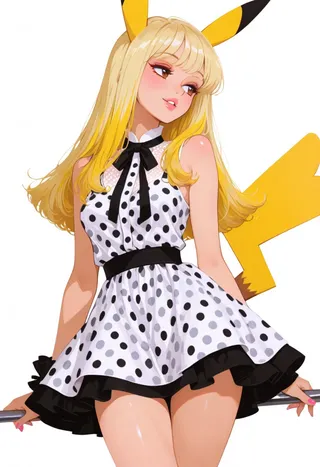 A stylized anthropomorphic Pikachu figure with yellow fur and pixelated ears and tail, wearing a vintage 1950s black and white polka dot dress with a high neckline and black bow.